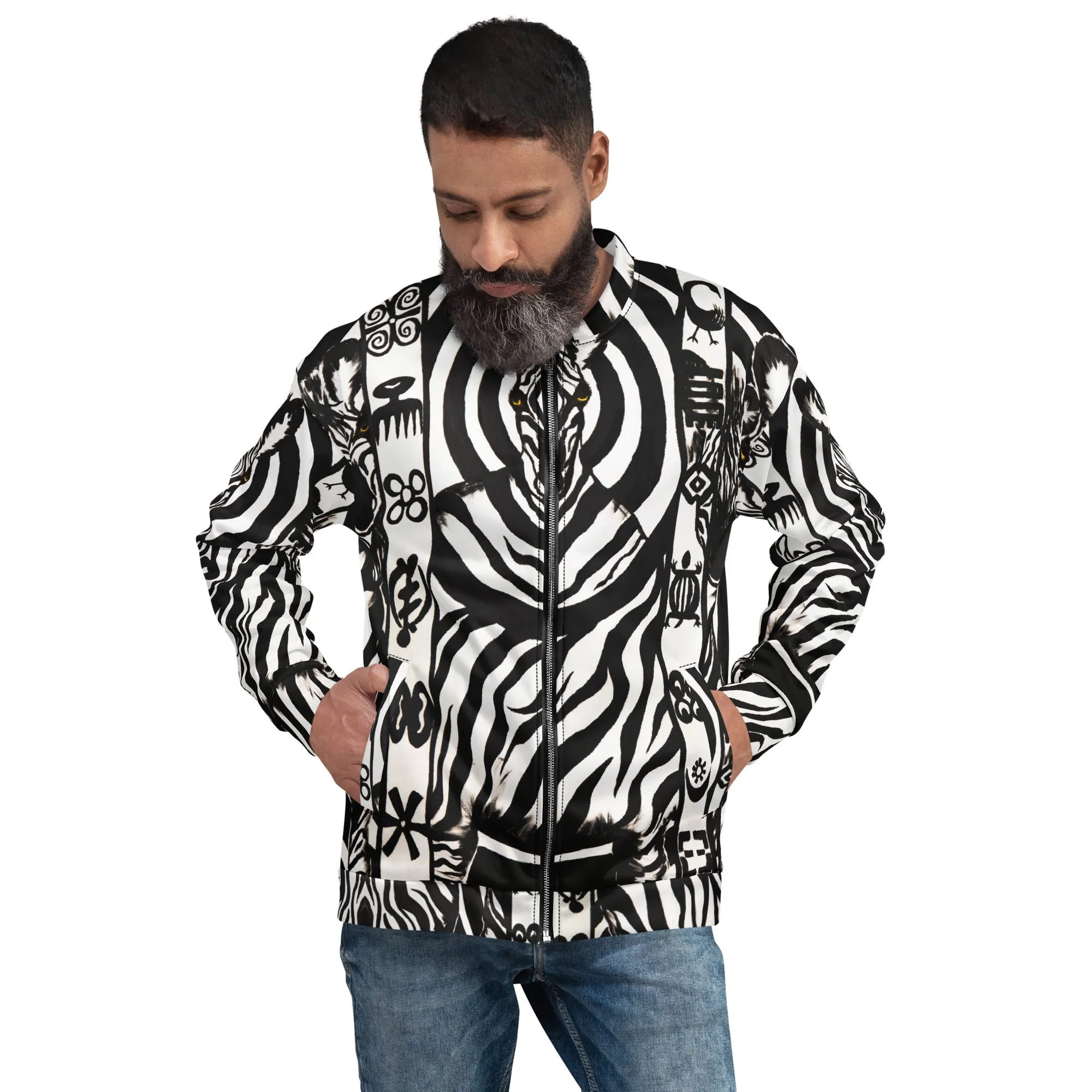 Adinkra Zebra Bomber Jacket, Unisex