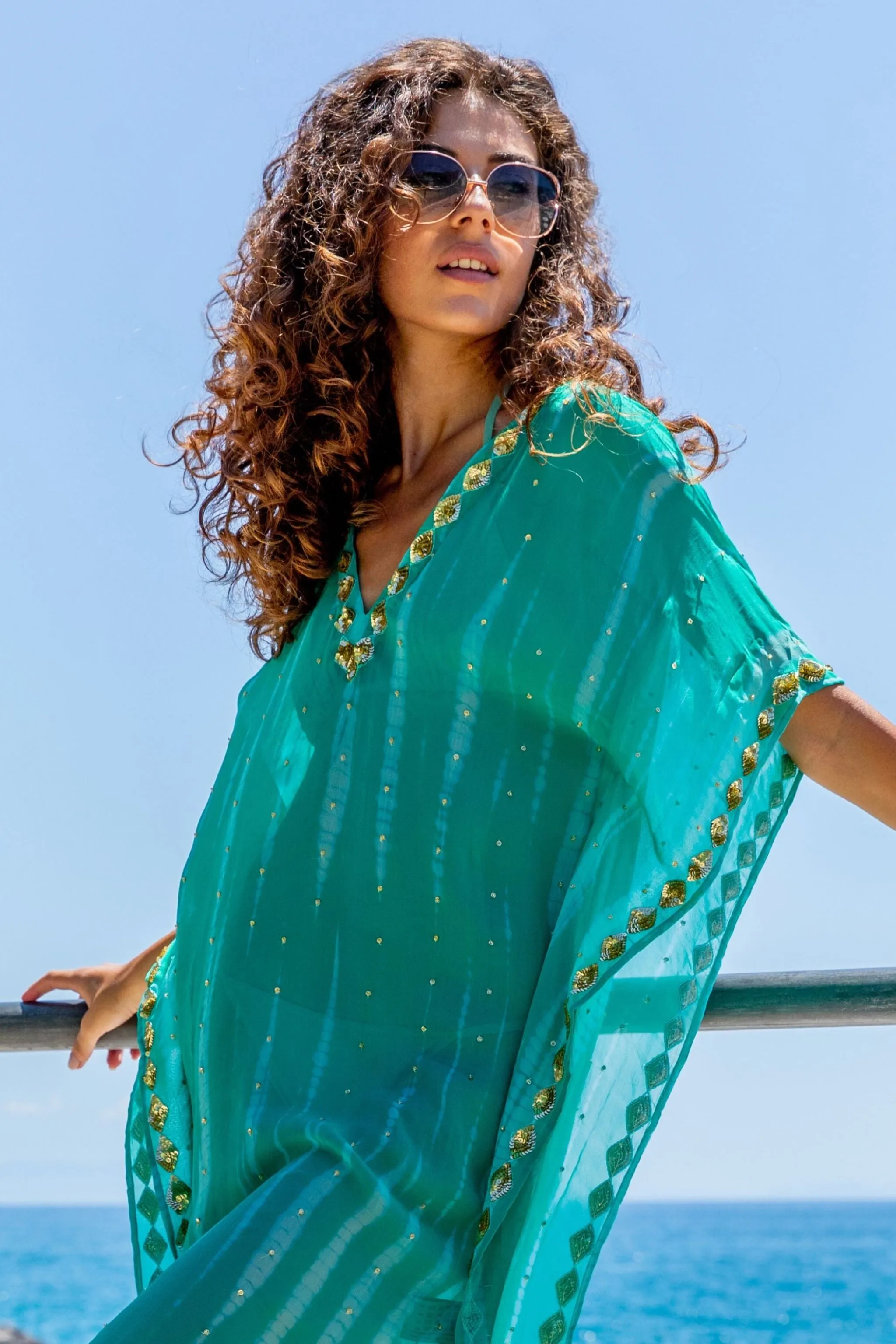 Aqua silk plus size sparkly designer beach coverup