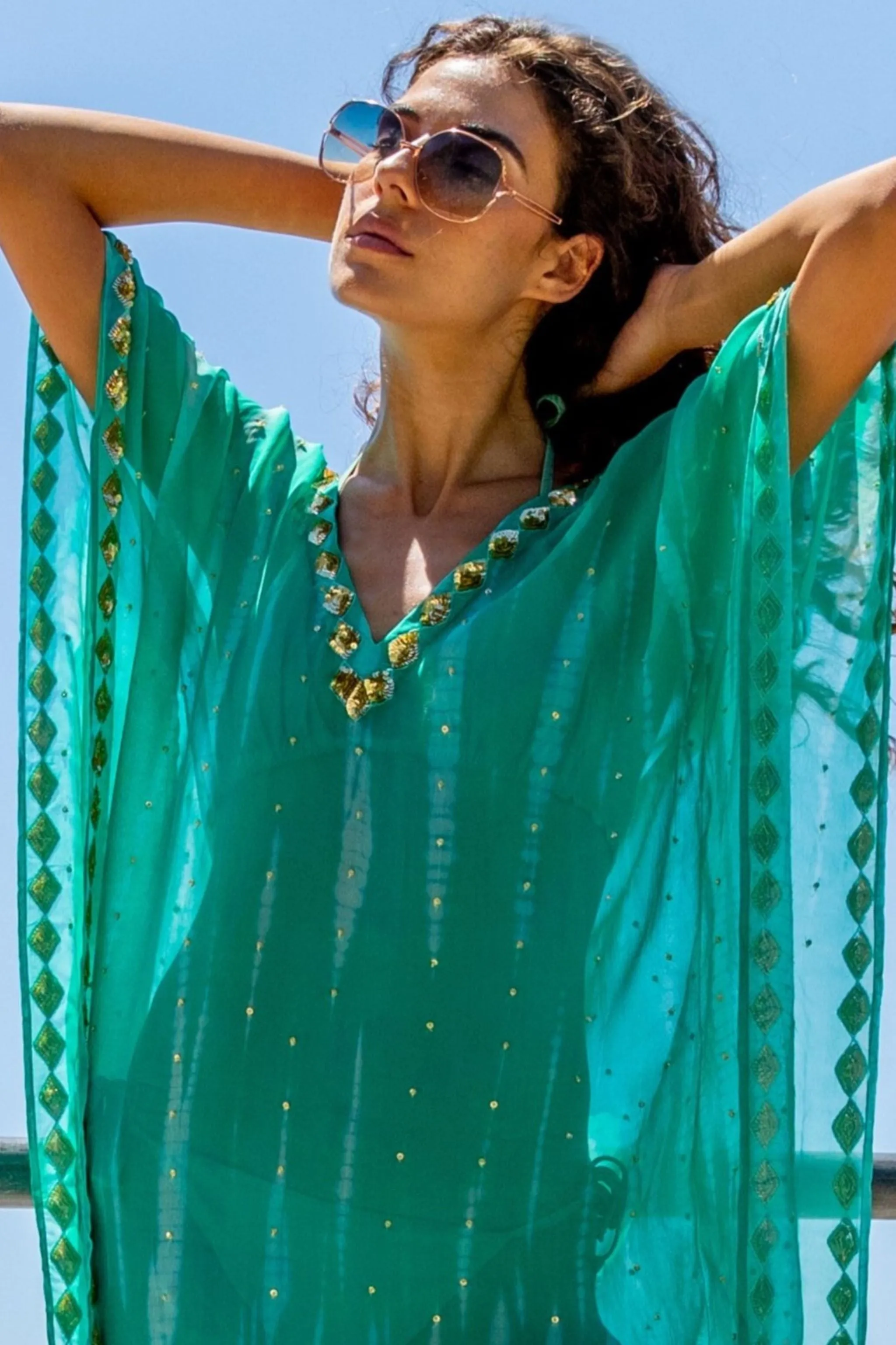 Aqua silk plus size sparkly designer beach coverup