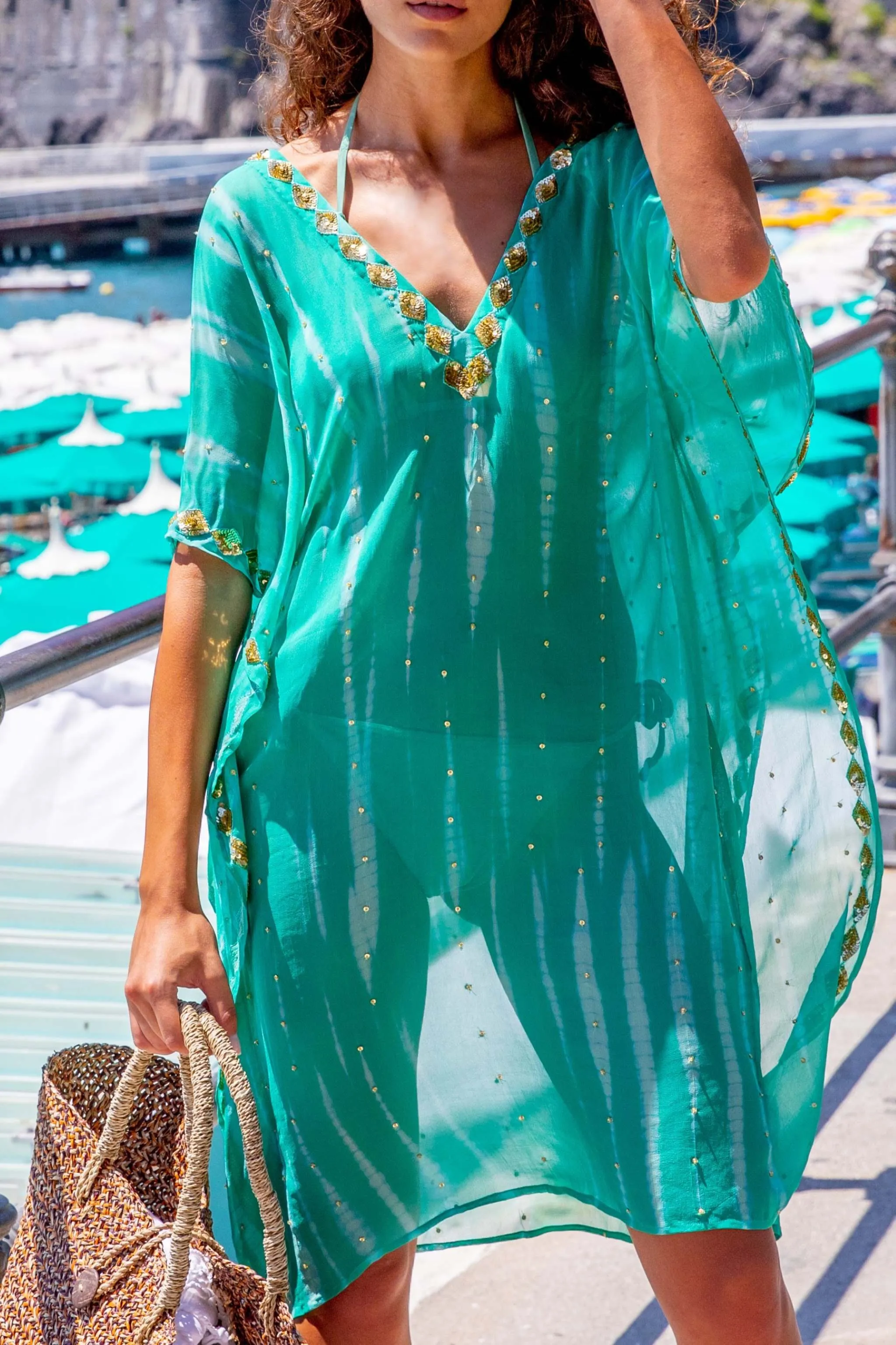 Aqua silk plus size sparkly designer beach coverup