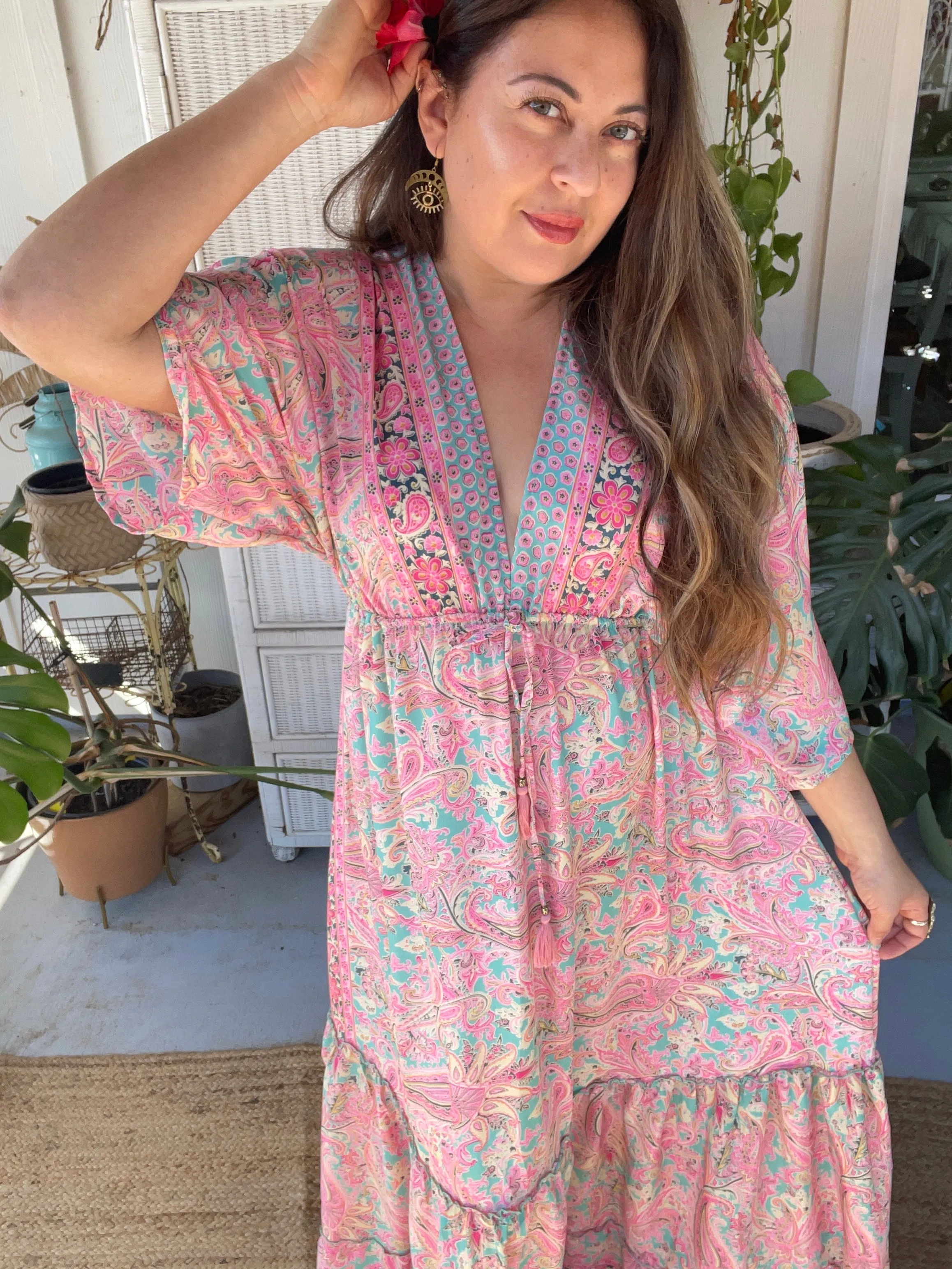 Double V-Neck Boho Maxi dress (pastel)