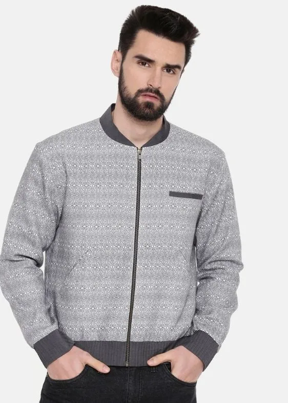 Grey Linen printed bomber jacket