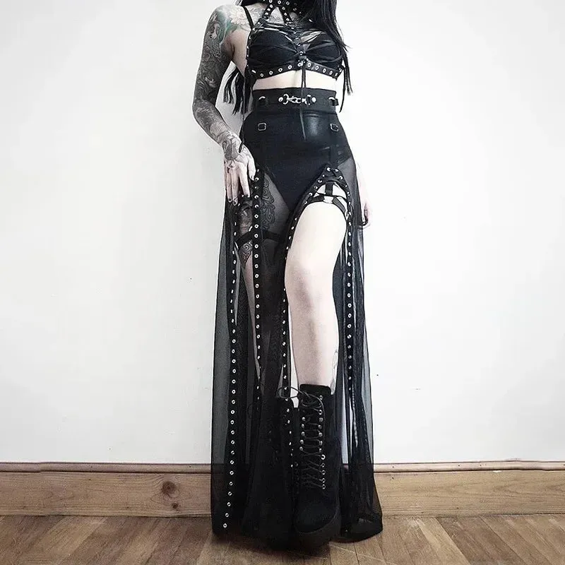 Harajuku Punk Goth Skirt for Women – Black Hollow Out Eyelet Split Long Skirt