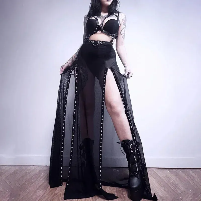 Harajuku Punk Goth Skirt for Women – Black Hollow Out Eyelet Split Long Skirt