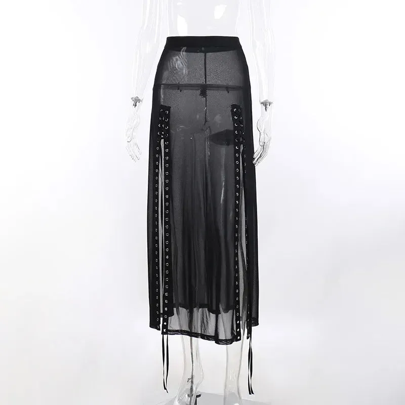Harajuku Punk Goth Skirt for Women – Black Hollow Out Eyelet Split Long Skirt