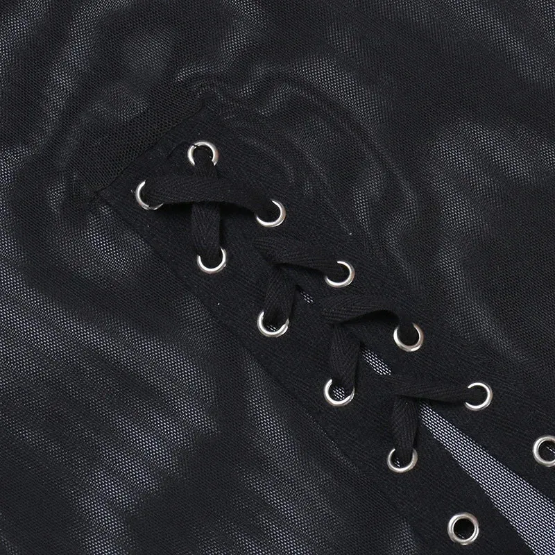 Harajuku Punk Goth Skirt for Women – Black Hollow Out Eyelet Split Long Skirt