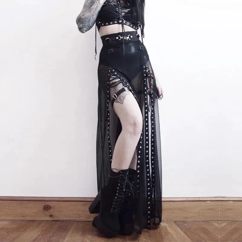 Harajuku Punk Goth Skirt for Women – Black Hollow Out Eyelet Split Long Skirt