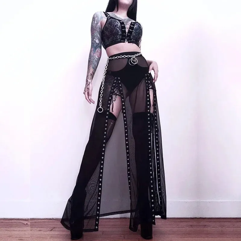 Harajuku Punk Goth Skirt for Women – Black Hollow Out Eyelet Split Long Skirt