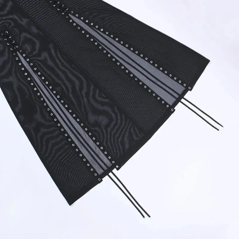 Harajuku Punk Goth Skirt for Women – Black Hollow Out Eyelet Split Long Skirt