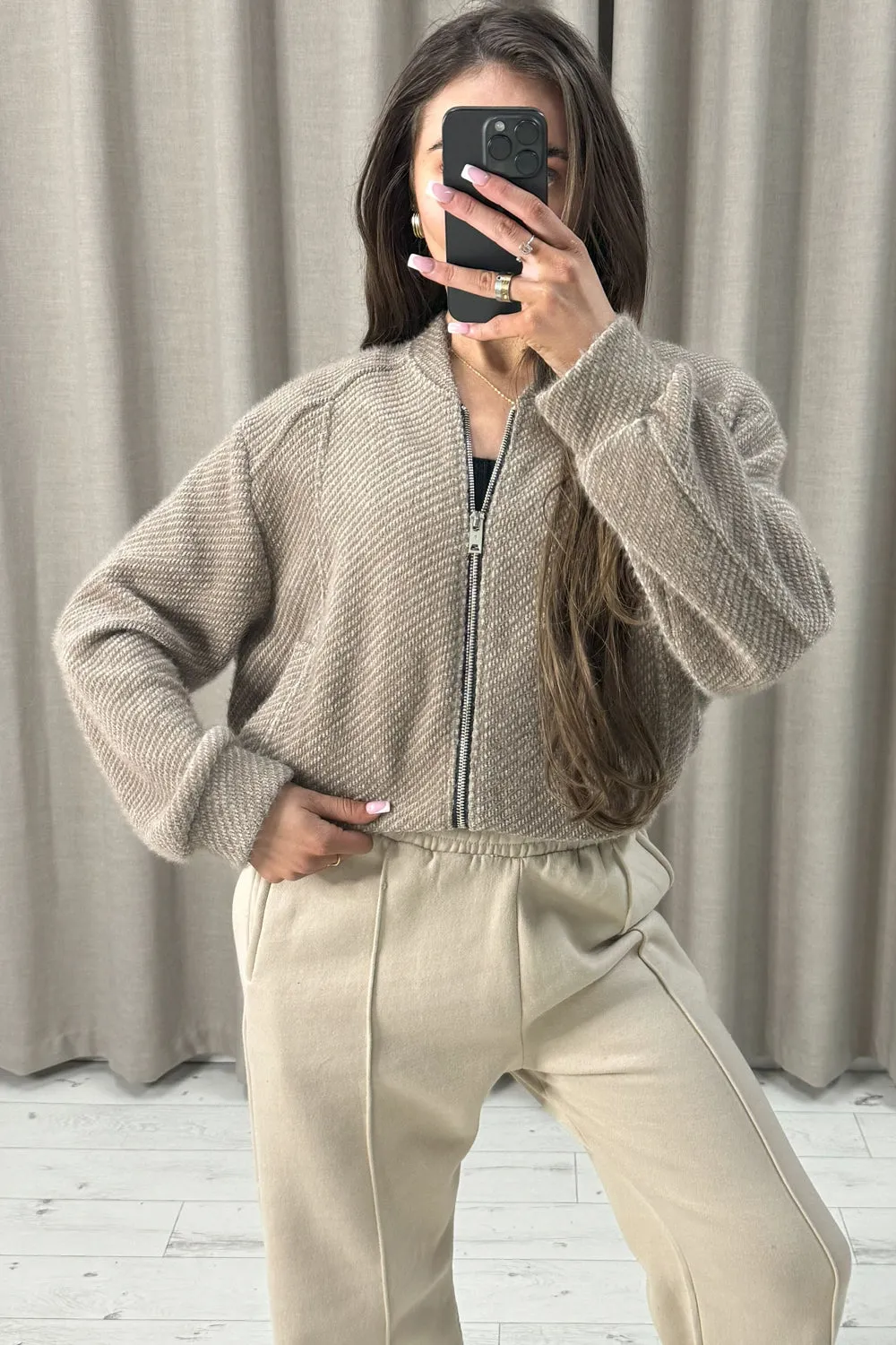 Naya Dark Beige Wool Look Zip Up Bomber Jacket