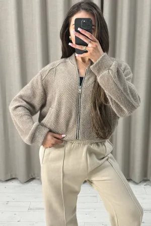 Naya Dark Beige Wool Look Zip Up Bomber Jacket