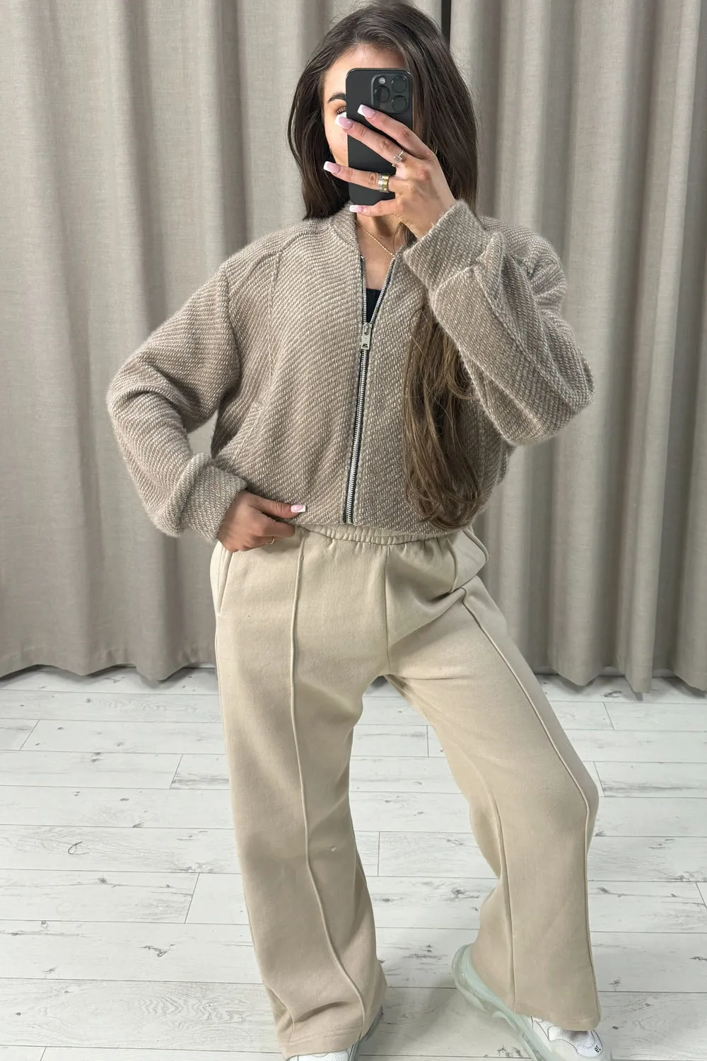 Naya Dark Beige Wool Look Zip Up Bomber Jacket