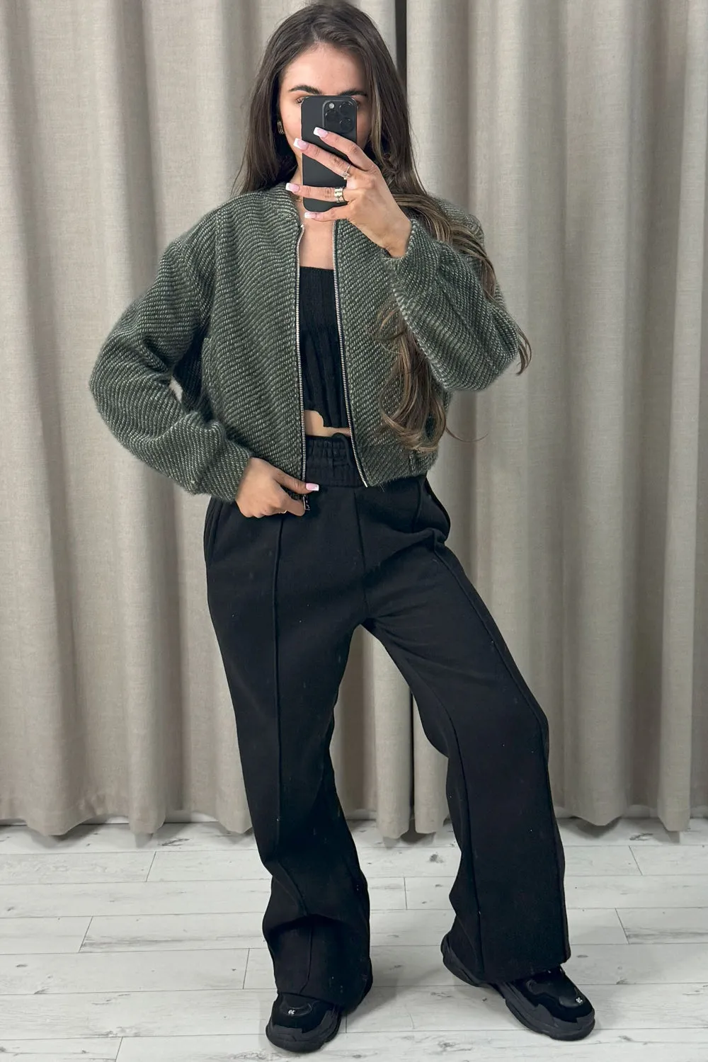 Naya Khaki Wool Look Zip Up Bomber Jacket