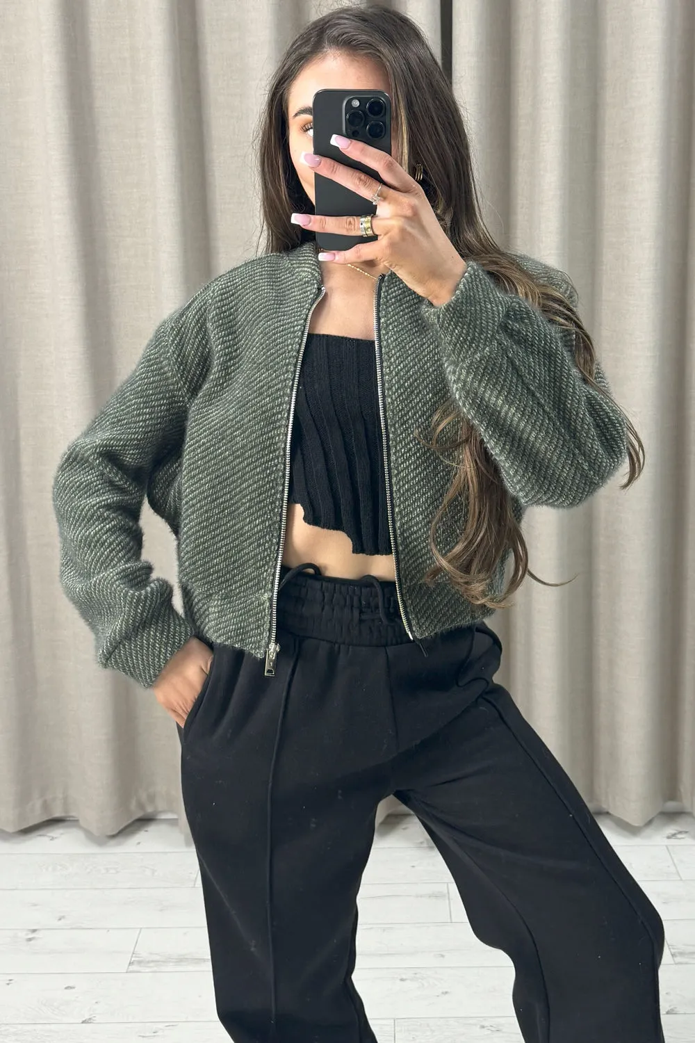 Naya Khaki Wool Look Zip Up Bomber Jacket