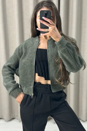 Naya Khaki Wool Look Zip Up Bomber Jacket
