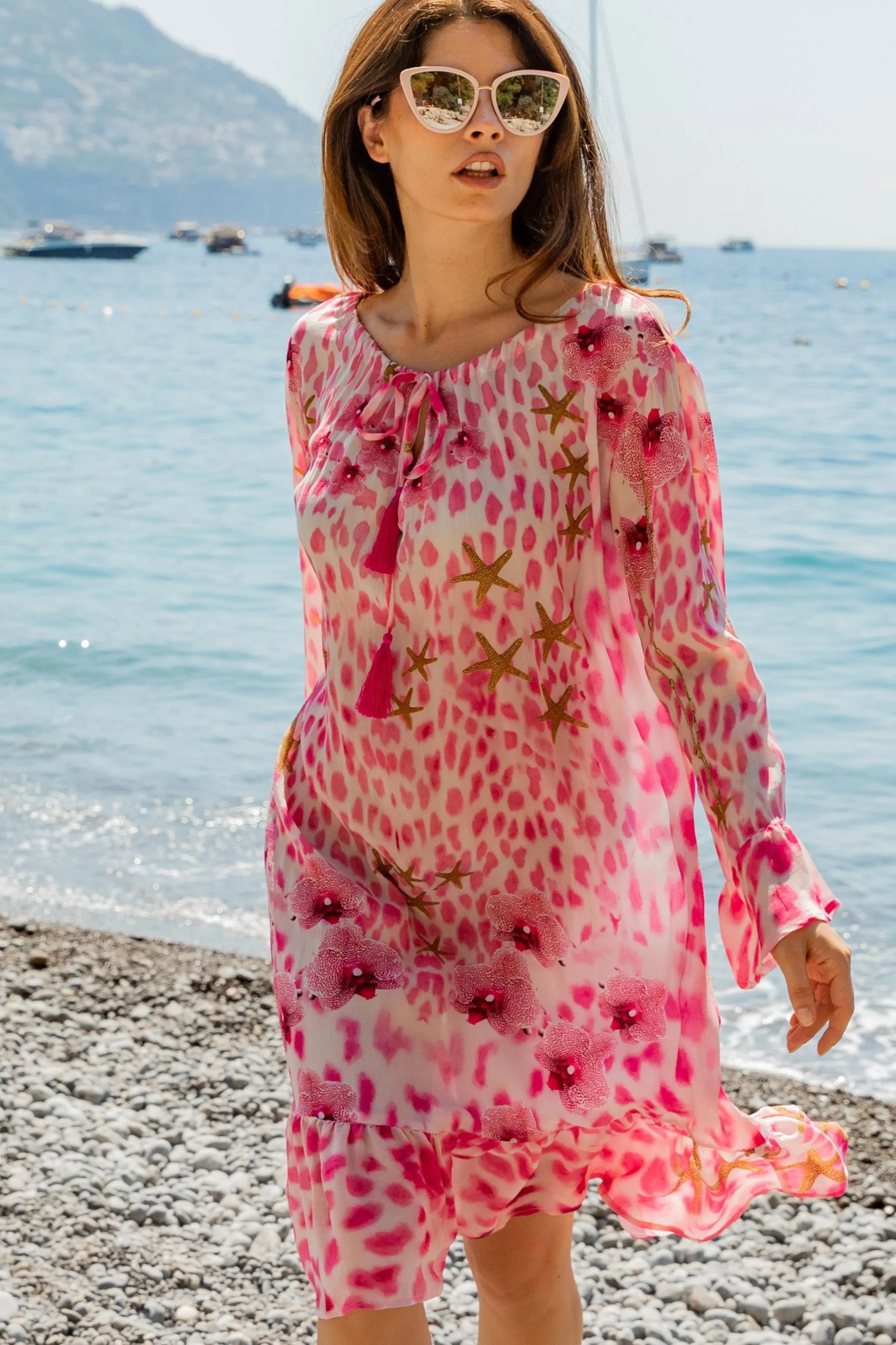 Pink Animal Print Silk Knee Length Dress