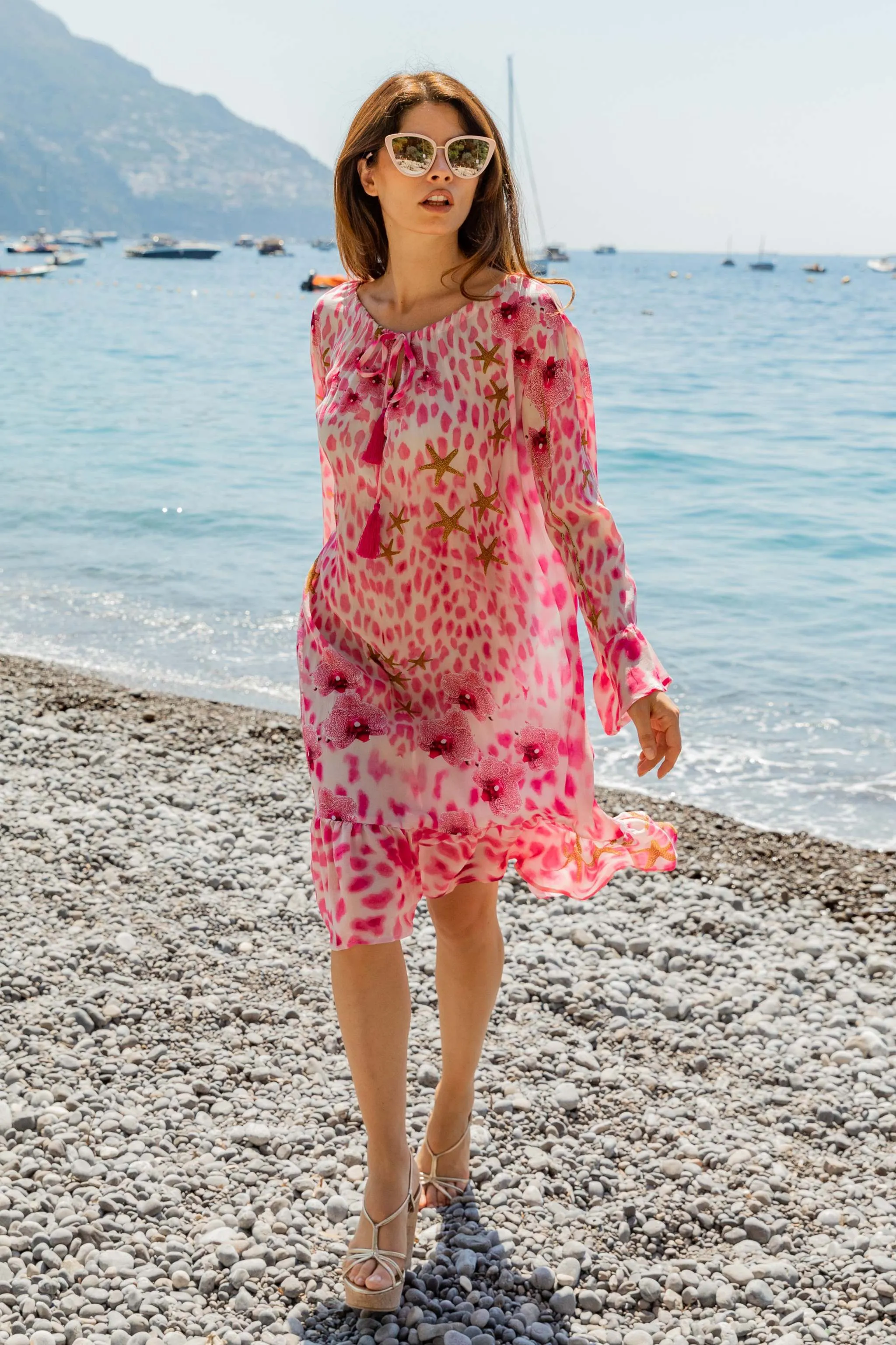 Pink Animal Print Silk Knee Length Dress