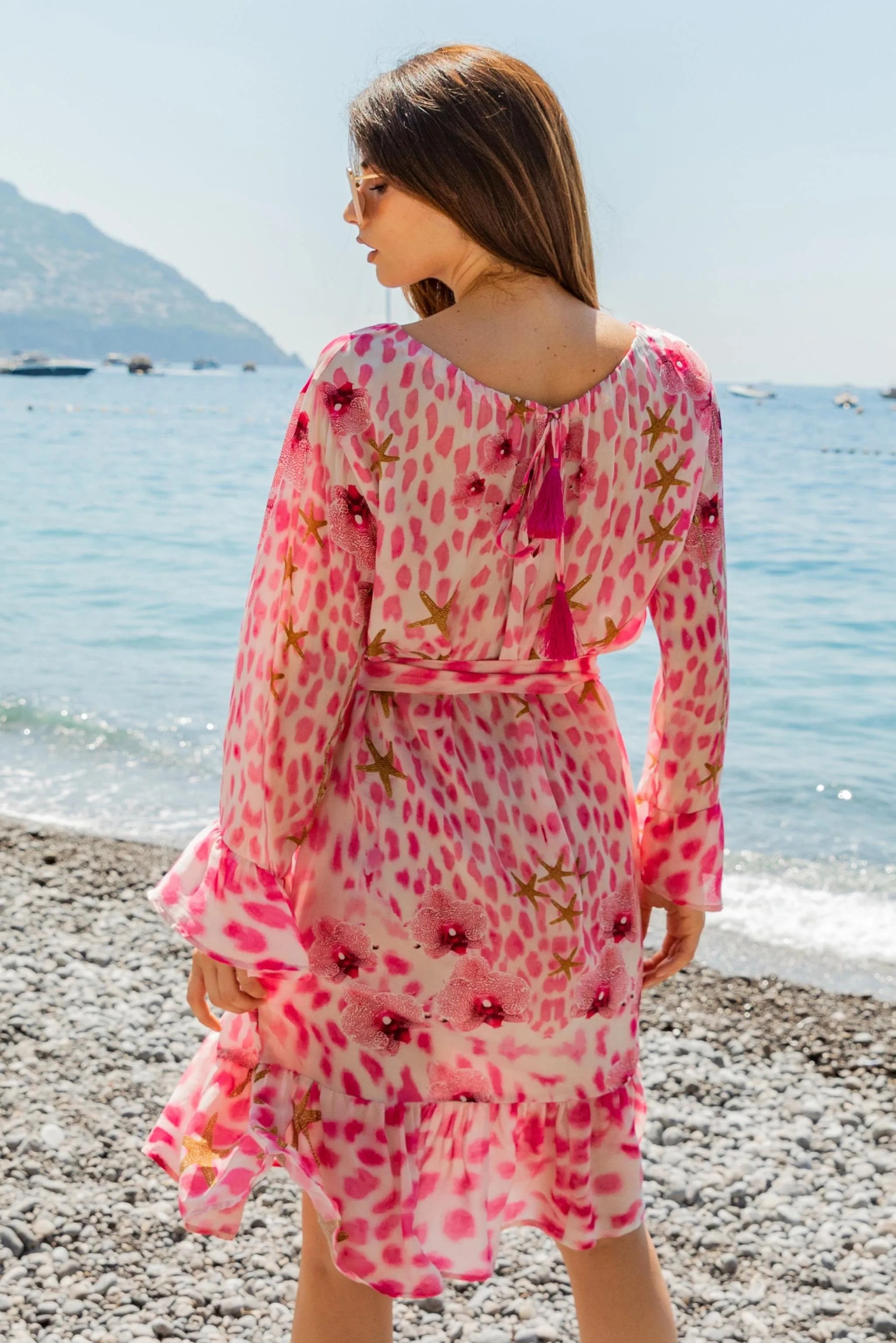 Pink Animal Print Silk Knee Length Dress