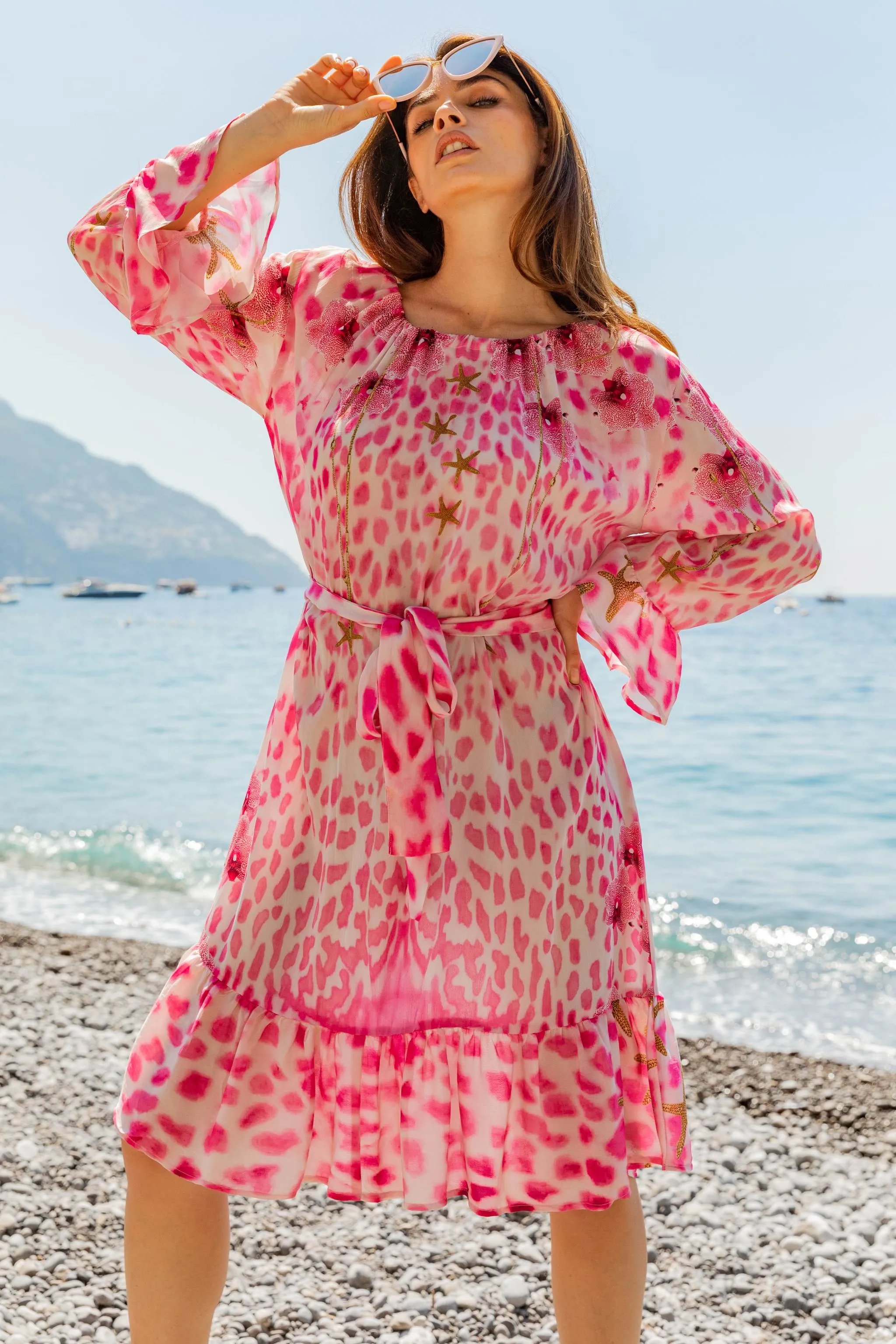 Pink Animal Print Silk Knee Length Dress