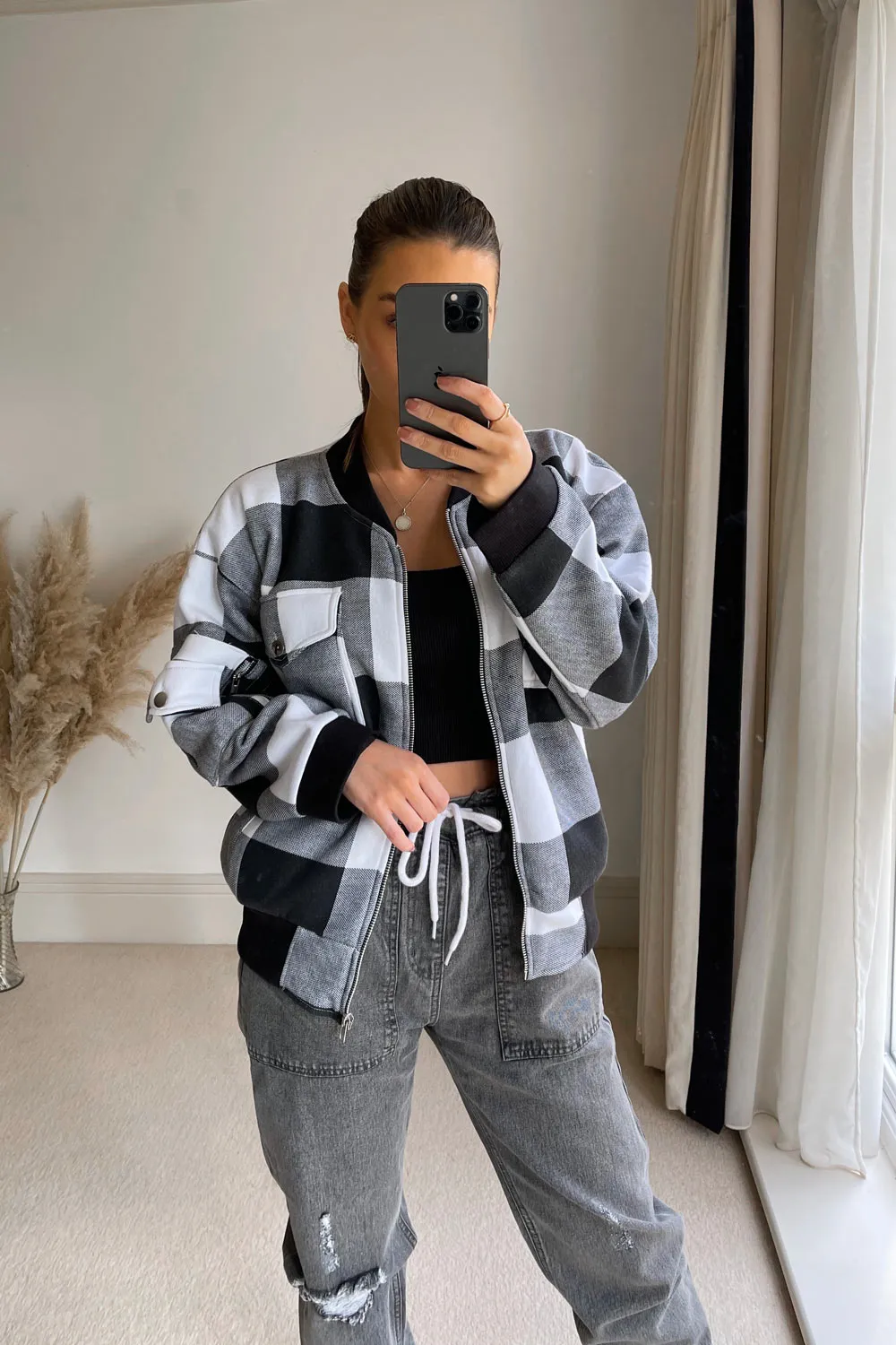 Riley Black and White Check Bomber Jacket