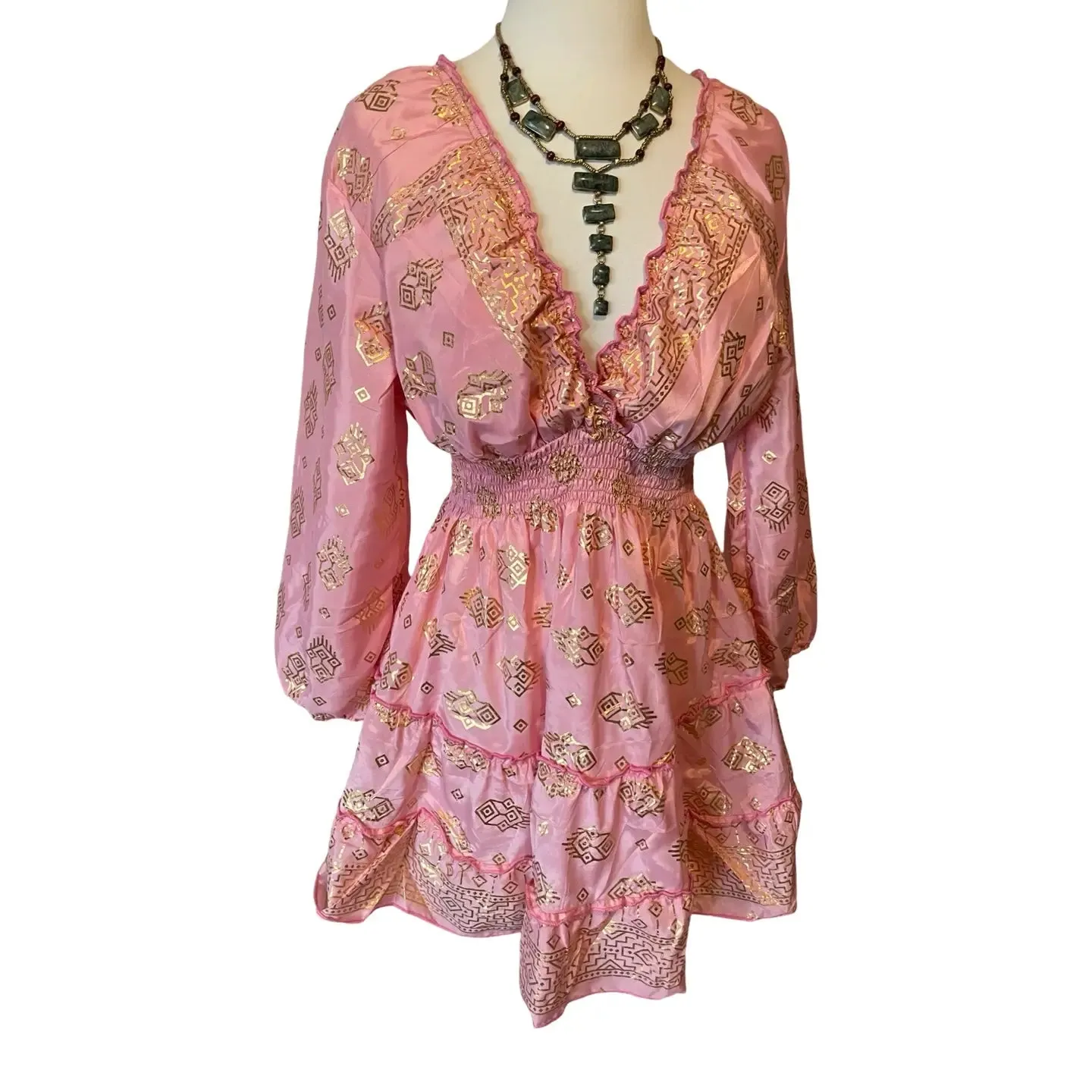 Short boho silk tiered dress w/ balloon sleeves (pink n gold)