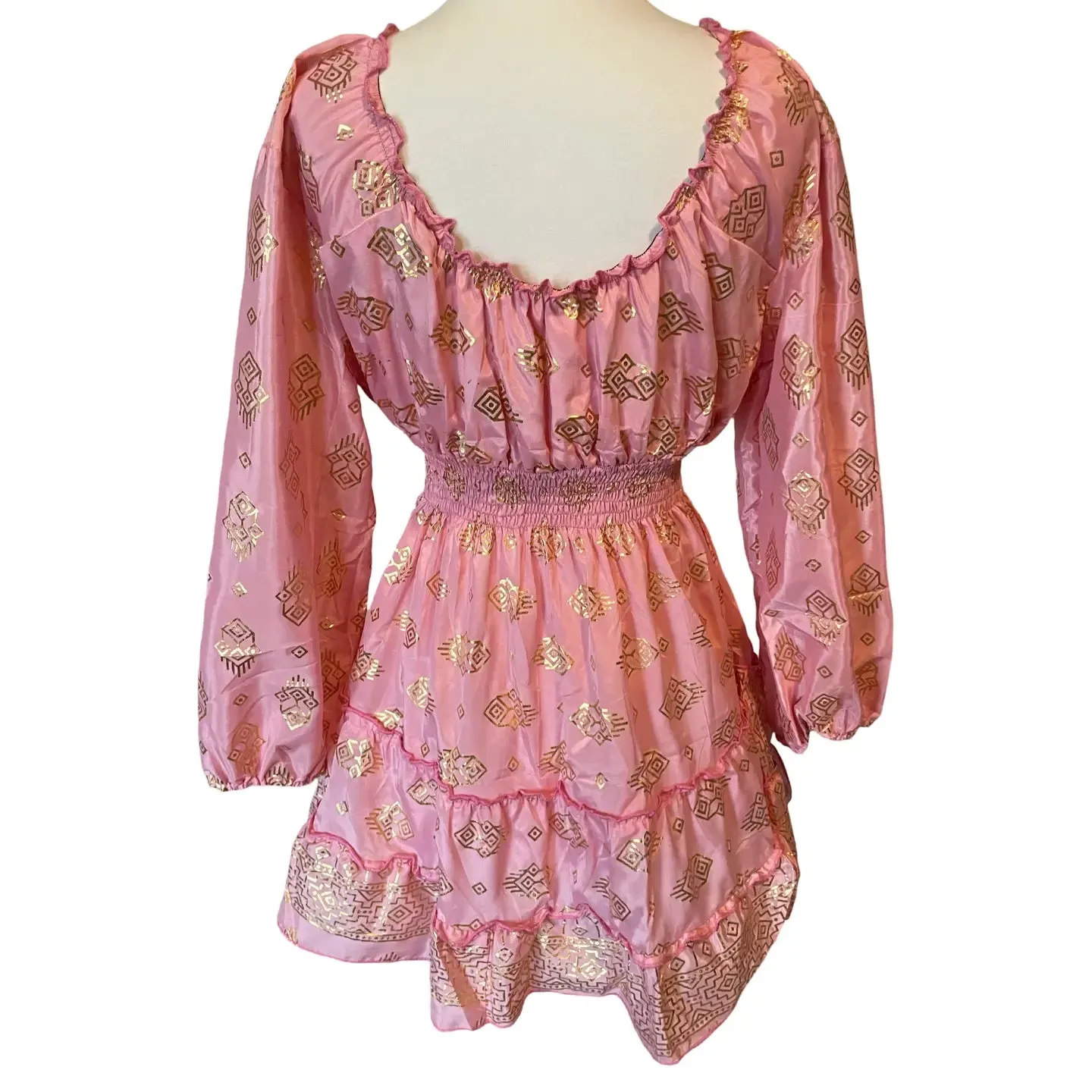 Short boho silk tiered dress w/ balloon sleeves (pink n gold)