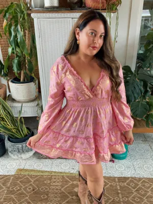 Short boho silk tiered dress w/ balloon sleeves (pink n gold)