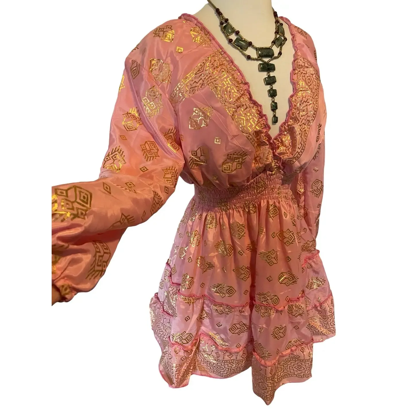 Short boho silk tiered dress w/ balloon sleeves (pink n gold)