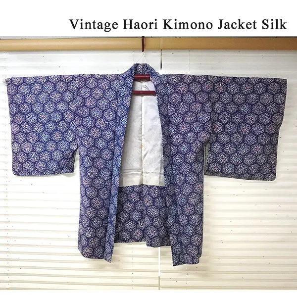 Vintage Haori Kimono Jacket Silk, Blue  base, Chrysanthemum Motif