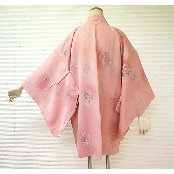 Vintage Haori Kimono Jacket Silk, Bright Pink base, Hōsōge Motif