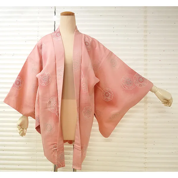 Vintage Haori Kimono Jacket Silk, Bright Pink base, Hōsōge Motif