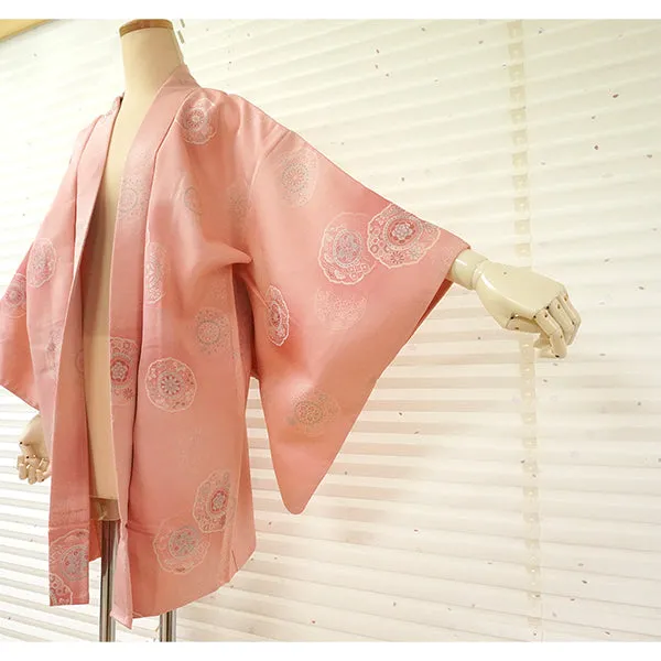 Vintage Haori Kimono Jacket Silk, Bright Pink base, Hōsōge Motif