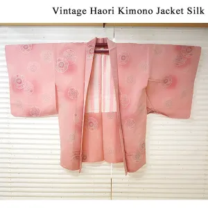 Vintage Haori Kimono Jacket Silk, Bright Pink base, Hōsōge Motif