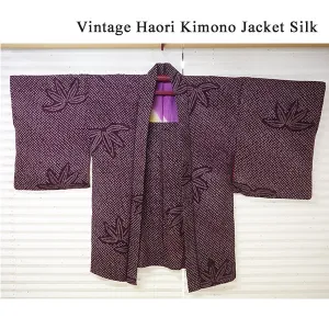 Vintage Haori Kimono Jacket Silk, Deep Red-Purple base,  bamboom