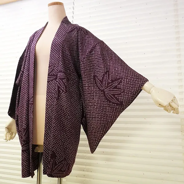 Vintage Haori Kimono Jacket Silk, Deep Red-Purple base,  bamboom