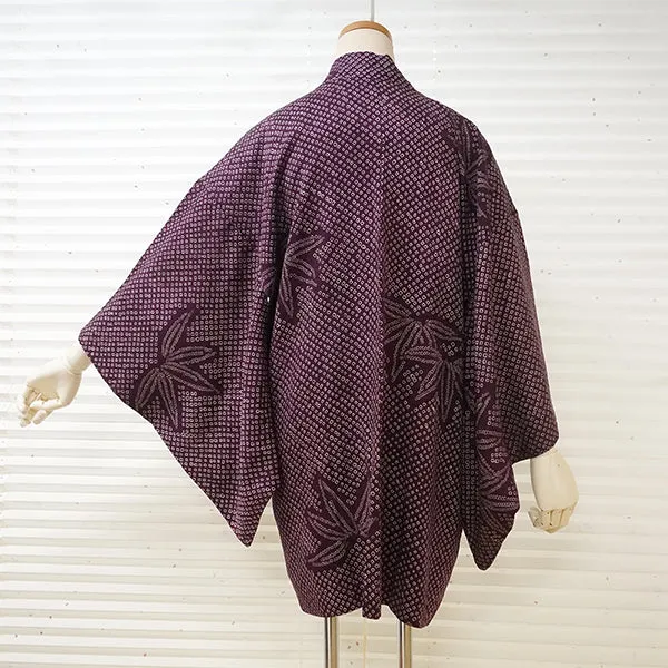Vintage Haori Kimono Jacket Silk, Deep Red-Purple base,  bamboom