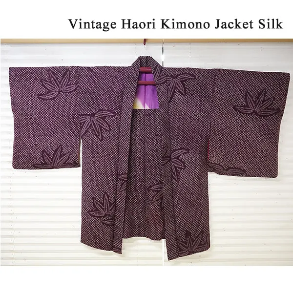 Vintage Haori Kimono Jacket Silk, Deep Red-Purple base,  bamboom