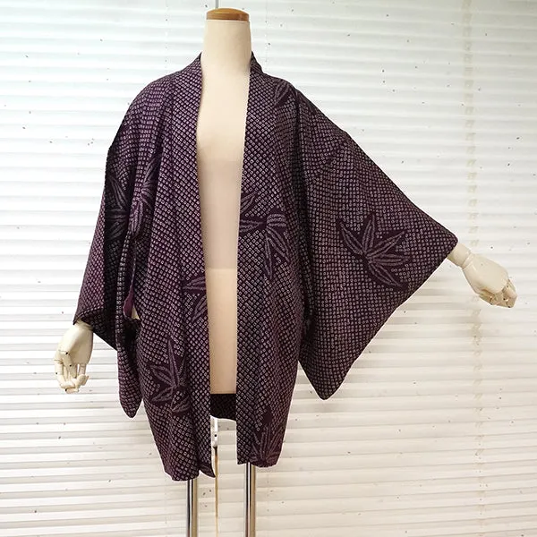 Vintage Haori Kimono Jacket Silk, Deep Red-Purple base,  bamboom