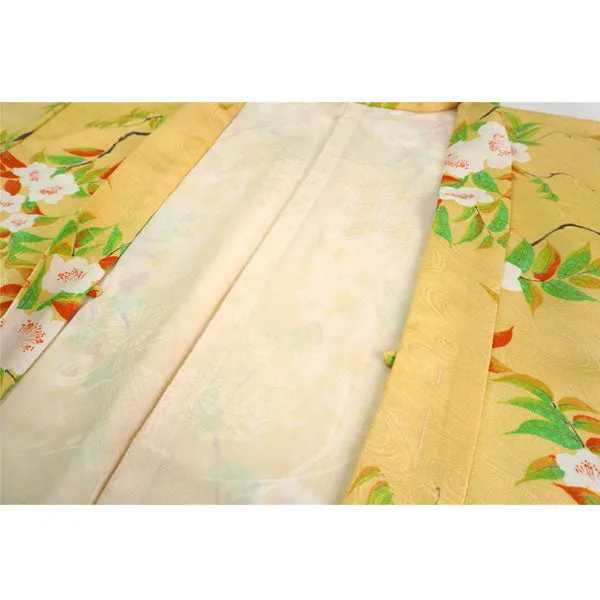 Vintage Haori Kimono Jacket Silk, Golden Yellow base,Cherry Blossoms