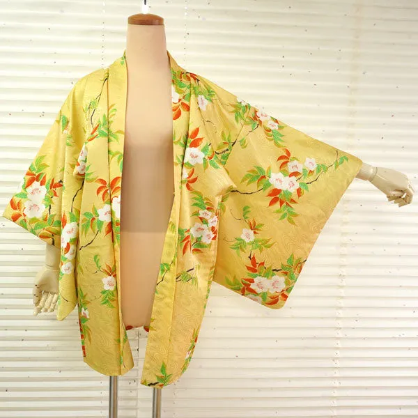 Vintage Haori Kimono Jacket Silk, Golden Yellow base,Cherry Blossoms