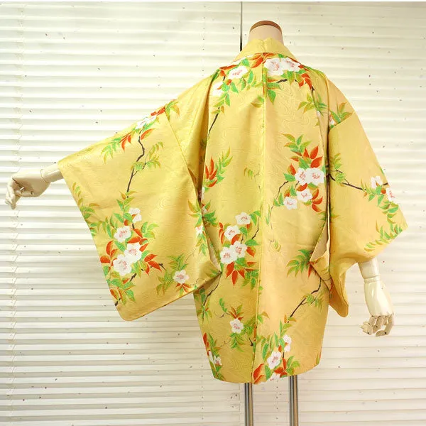 Vintage Haori Kimono Jacket Silk, Golden Yellow base,Cherry Blossoms