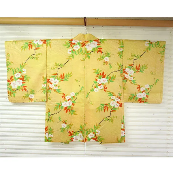 Vintage Haori Kimono Jacket Silk, Golden Yellow base,Cherry Blossoms