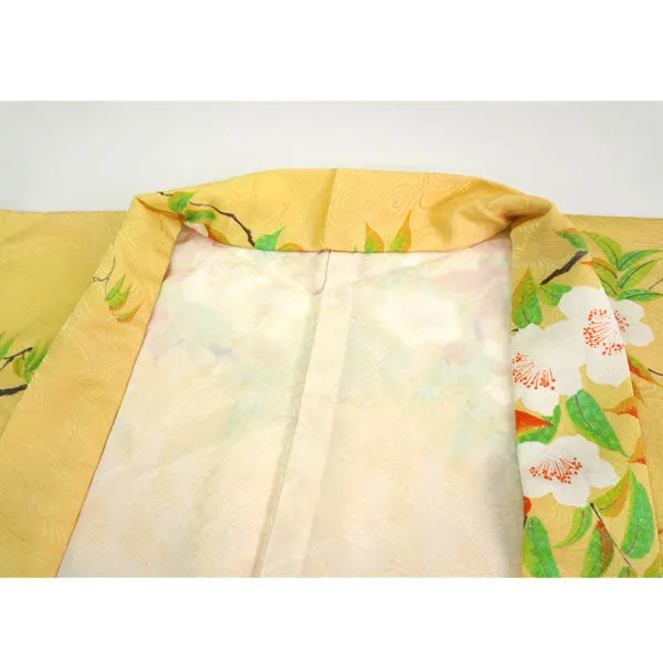 Vintage Haori Kimono Jacket Silk, Golden Yellow base,Cherry Blossoms