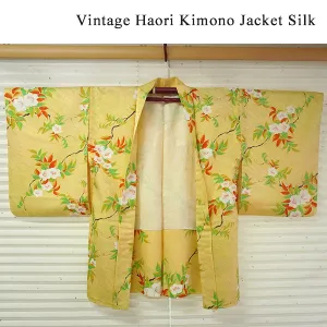 Vintage Haori Kimono Jacket Silk, Golden Yellow base,Cherry Blossoms
