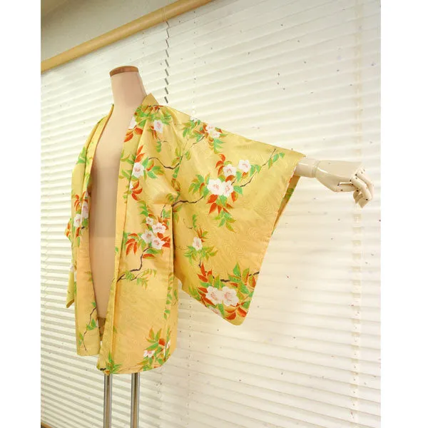 Vintage Haori Kimono Jacket Silk, Golden Yellow base,Cherry Blossoms
