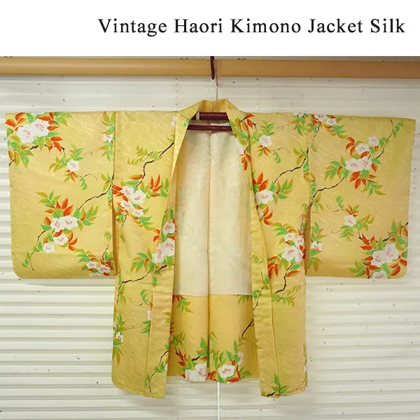 Vintage Haori Kimono Jacket Silk, Golden Yellow base,Cherry Blossoms