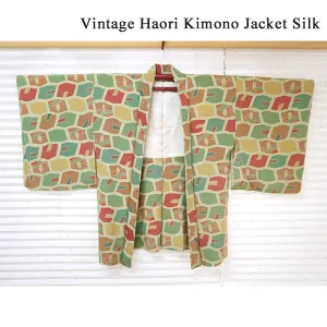 Vintage Haori Kimono Jacket Silk, Green base, Colorful Geometric Pattern