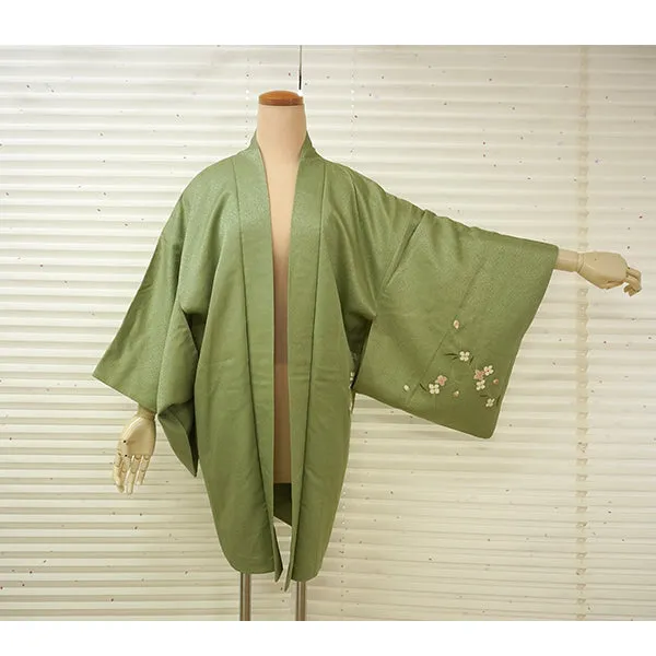 Vintage Haori Kimono Jacket Silk,Soft Green base, Delicate Floral Patterns