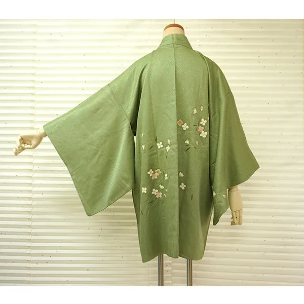 Vintage Haori Kimono Jacket Silk,Soft Green base, Delicate Floral Patterns