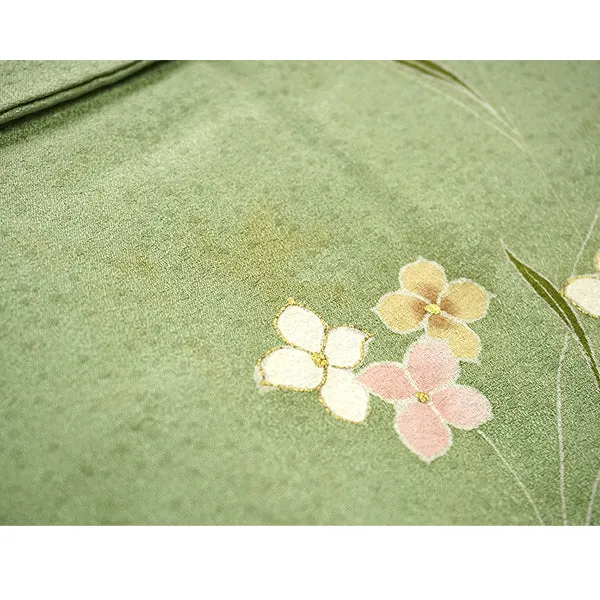 Vintage Haori Kimono Jacket Silk,Soft Green base, Delicate Floral Patterns